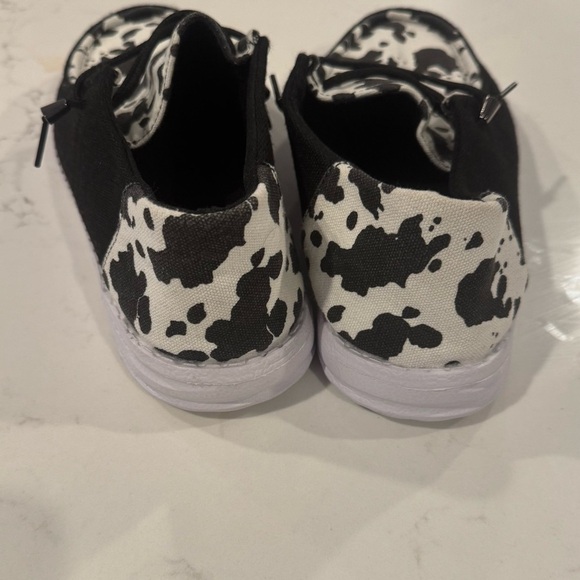 Faux Hey Dude Black and White Cow Print Shoes - Picture 3 of 4